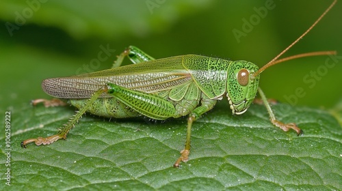 Close-Up View of Leaf with Small Grasshopper