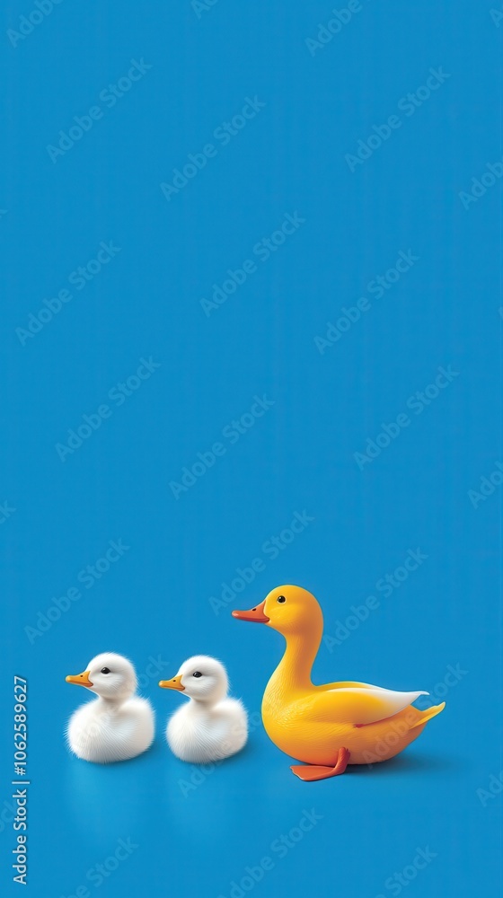 Cute Ducklings and Mom Swimming in Blue Water Cute Ducklings and Mom Swimming in Blue Water