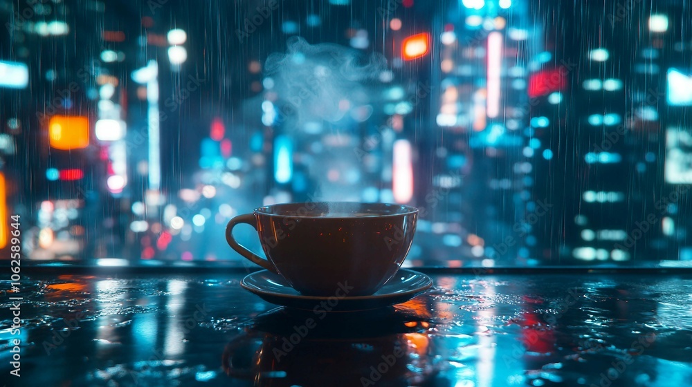 Aromatic Hot Coffee with Rising Steam Set Against a Rainy City Street Background for a Calming Urban Vibe Aromatic Hot Coffee with Rising Steam Set Against a Rainy City Street Background for a Calming Urban Vibe