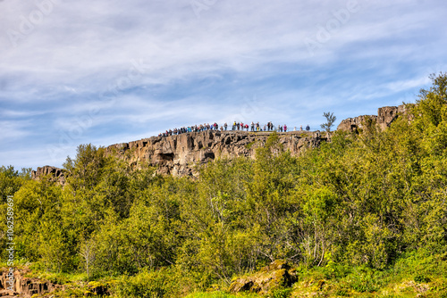 Thingvellir, Iceland - August 12, 2024: Landscape views of the continental divide in Thingvellir National Park in Iceland 