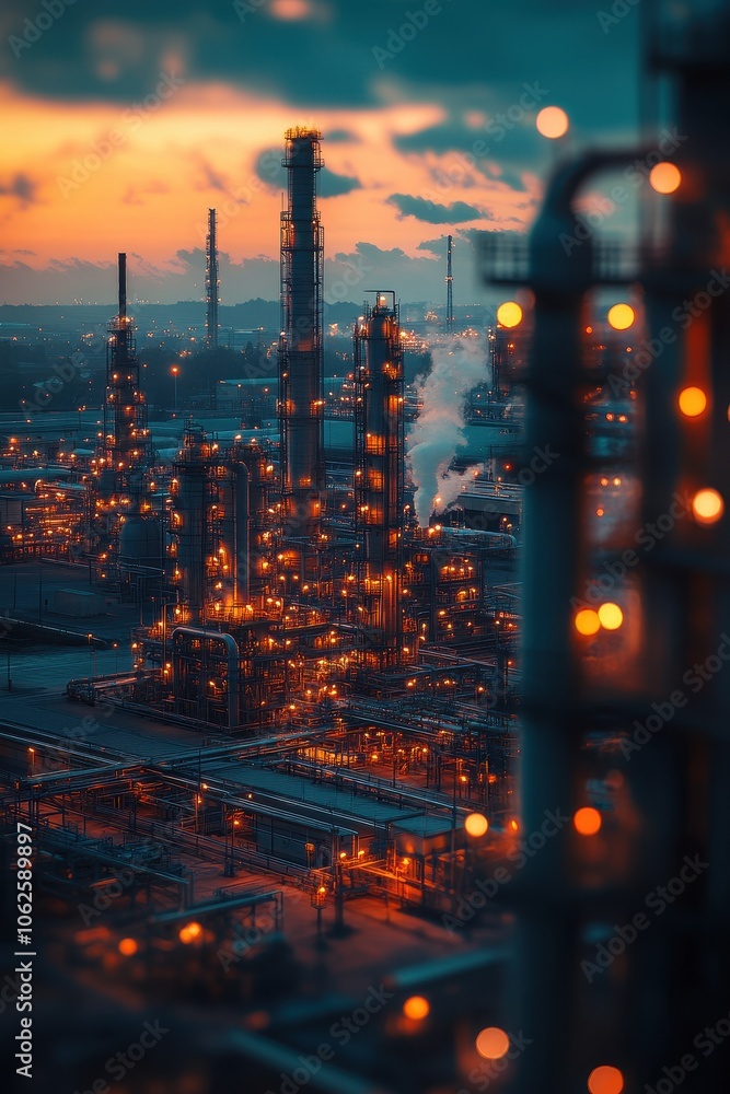 Industrial Refinery at Dusk with Illuminated Towers and Smokestacks Against a Vibrant Sunset Sky Industrial Refinery at Dusk with Illuminated Towers and Smokestacks Against a Vibrant Sunset Sky