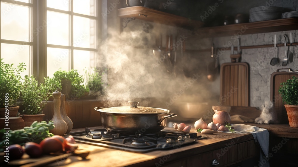 Cozy Kitchen with Steaming Pot on the Stovetop Cozy Kitchen with Steaming Pot on the Stovetop