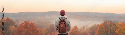 Man with Backpack Admiring Autumn Forest View