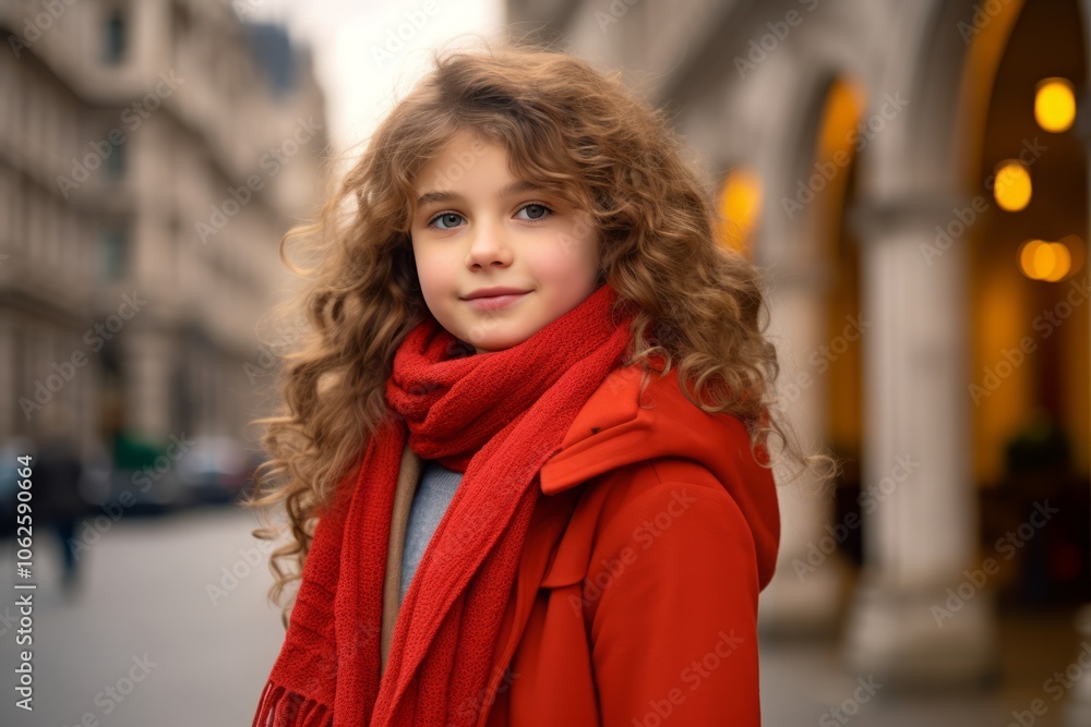 portrait of little girl in red coat and scarf on the street portrait of little girl in red coat and scarf on the street
