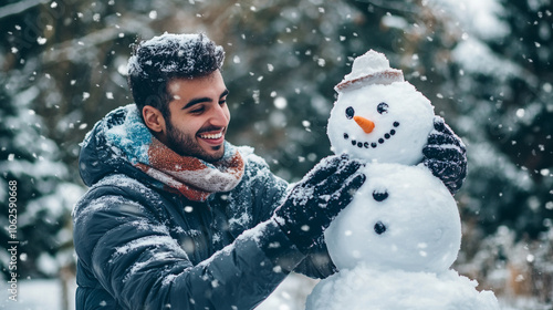 Young man builds a cheerful snowman in a snowy forest on a bright winter day