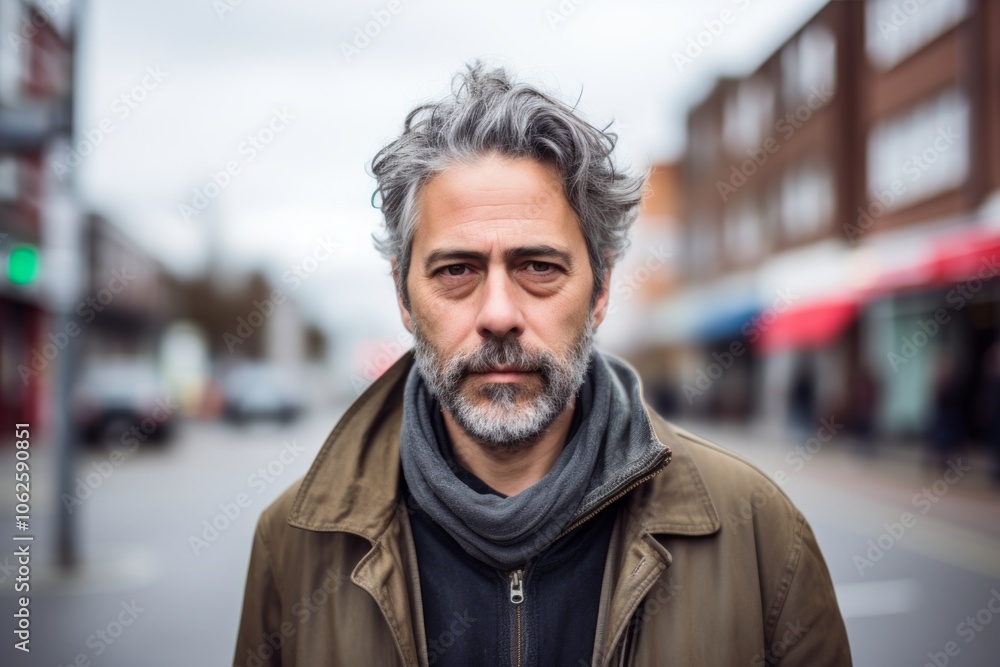 Portrait of a middle-aged man with gray hair and beard, wearing a brown jacket and gray scarf, standing in the street. Portrait of a middle-aged man with gray hair and beard, wearing a brown jacket and gray scarf, standing in the street.