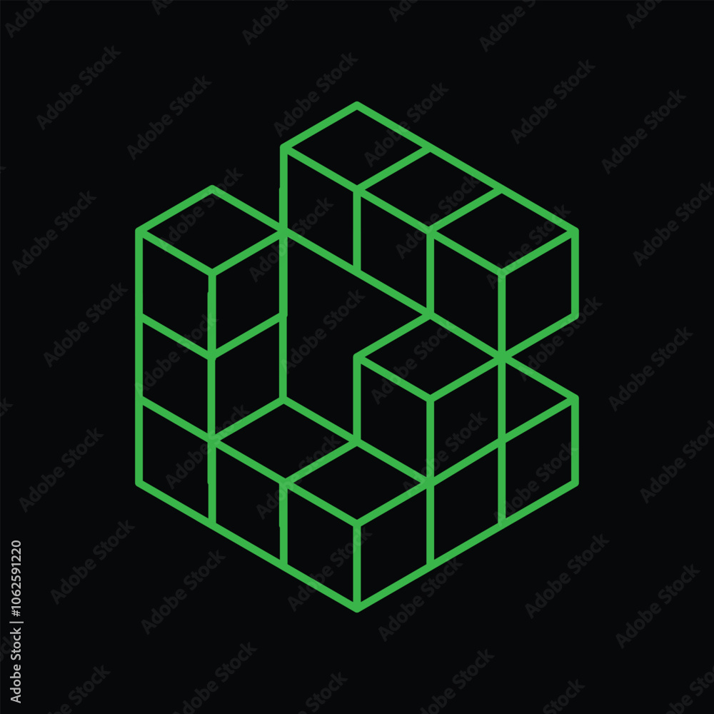 An abstract line design logo of cubes in hexagonal shape in green color on a black background An abstract line design logo of cubes in hexagonal shape in green color on a black background