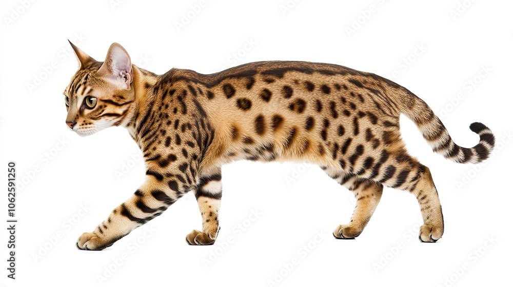 A brown tabby cat with green eyes walks on a white background. A brown tabby cat with green eyes walks on a white background.
