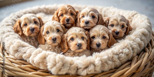 Adorable Tiny Newborn Cockapoo Doodle Puppies in Cozy Nest, Heartwarming Documentary Photography of Cute Puppies, Fluffy Fur and Playful Expressions Captured in Natural Light photo