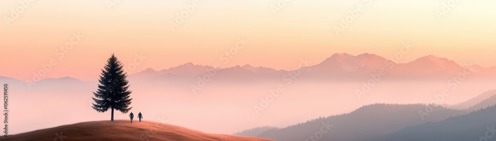 Silhouettes of Hikers on Mountain Ridge at Sunset with Fog and Tree Silhouettes of Hikers on Mountain Ridge at Sunset with Fog and Tree
