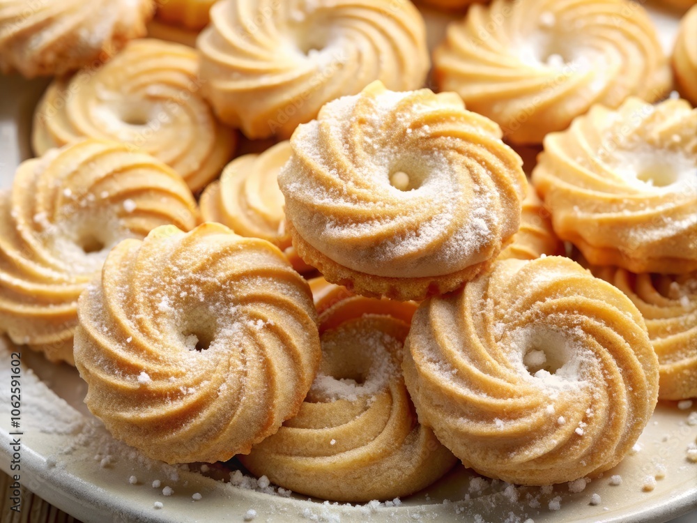 Aerial view of Danish butter cookies dusted with sugar, ideal for recipe articles, catalogs, and commercial use, featuring ample copy space for branding and text. Aerial view of Danish butter cookies dusted with sugar, ideal for recipe articles, catalogs, and commercial use, featuring ample copy space for branding and text.