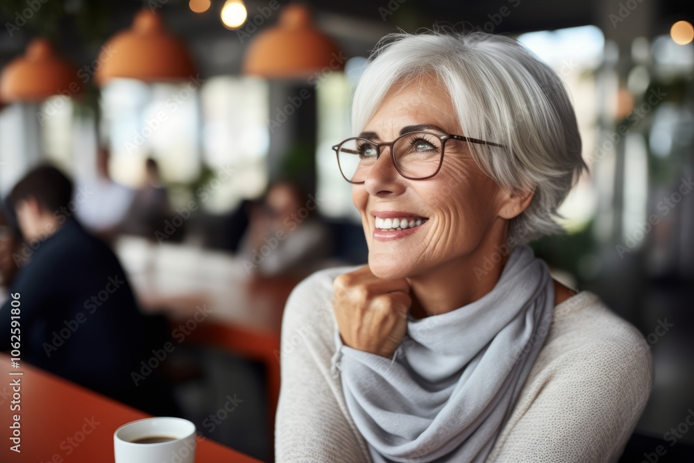 Portrait of smiling senior woman in eyeglasses sitting in cafe Portrait of smiling senior woman in eyeglasses sitting in cafe