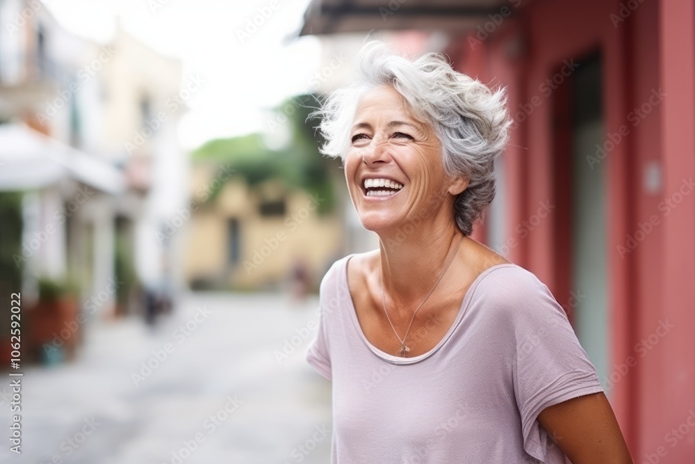Portrait of a happy senior woman standing in the street, smiling Portrait of a happy senior woman standing in the street, smiling