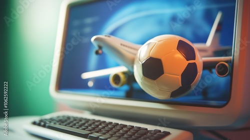Digital concept of global sports connectivity with a soccer ball inside a computer screen and an airplane flying above, symbolizing the international reach of soccer and the integration of sports 