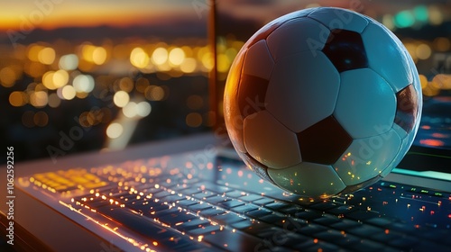 Digital concept of global sports connectivity with a soccer ball inside a computer screen and an airplane flying above, symbolizing the international reach of soccer and the integration of sports 
