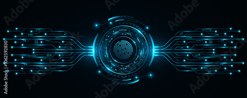 User fingerprint scan with glowing HUD circle and electronic computer elements. Biometric data security. Touch screen button with AI circuit board for UI and GUI design. Vector illustration. EPS 10
