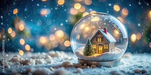 Wide-Angle Glass snowball with house on snowy christmas background