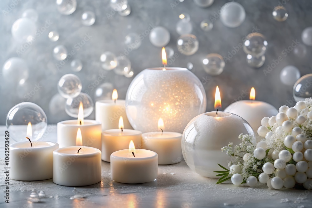 Beautiful bubble candles atop a white table against a grey backdrop create a captivating double exposure photography concept, perfect for home decor and relaxation. Beautiful bubble candles atop a white table against a grey backdrop create a captivating double exposure photography concept, perfect for home decor and relaxation.