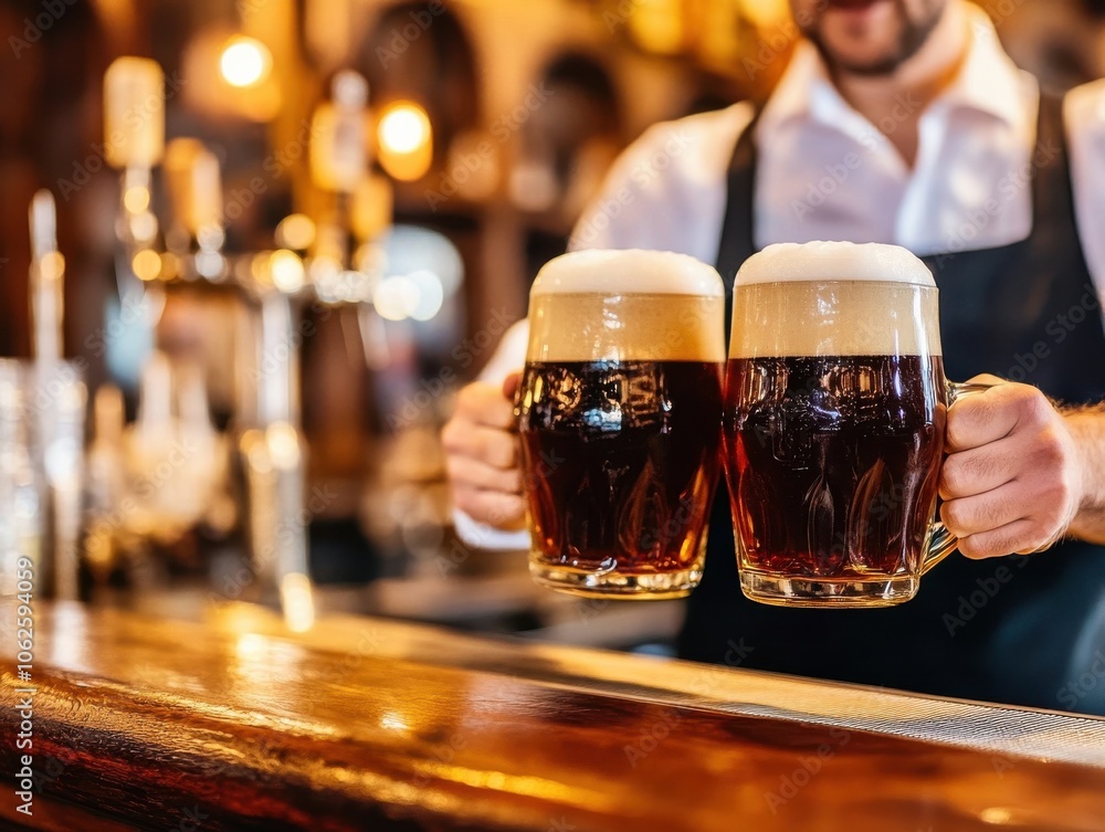 A bartender serves two frothy mugs of dark beer, ready to enjoy in a lively pub atmosphere. A bartender serves two frothy mugs of dark beer, ready to enjoy in a lively pub atmosphere.