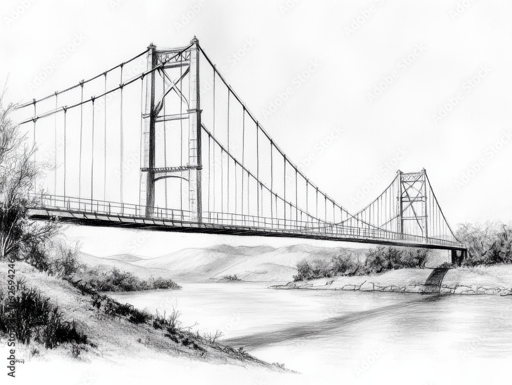 A beautiful sketch of a suspension bridge over a serene river, surrounded by gentle hills and sparse trees. A beautiful sketch of a suspension bridge over a serene river, surrounded by gentle hills and sparse trees.