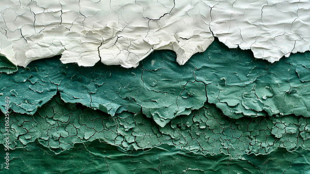 A close-up view displays layers of peeling paint, showcasing cracks and textures in varying shades of white and deep green. The play of colors highlights the aging of the surface. A close-up view displays layers of peeling paint, showcasing cracks and textures in varying shades of white and deep green. The play of colors highlights the aging of the surface.