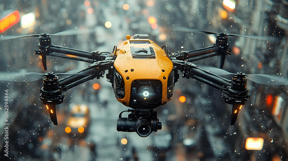 Drone Flying Through City Lights & Rain - Abstract Background Drone Flying Through City Lights & Rain - Abstract Background