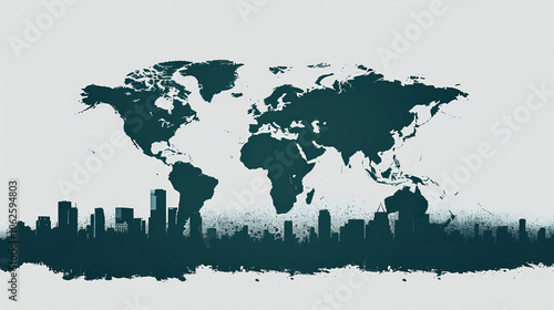 Wallpaper Mural A world map is artistically blended with an urban skyline, creating a striking visual. The silhouettes contrast against a light background, reflecting global connectivity and urban life. Torontodigital.ca