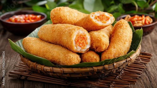 Crispy Fried Nem Ran Cha Gio Rolls in a Basket  Vietnamese Food  Appetizer  Asian Cuisine photo