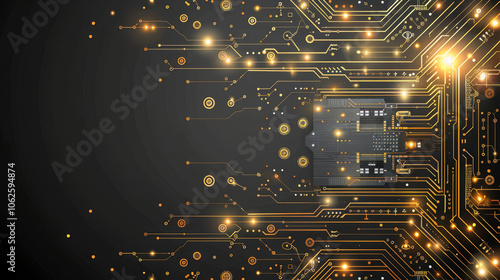 Copy spaceA striking display of a circuit board with golden lines and glowing nodes against a dark background. The intricate patterns showcase advanced technology and the beauty of electronic design. photo