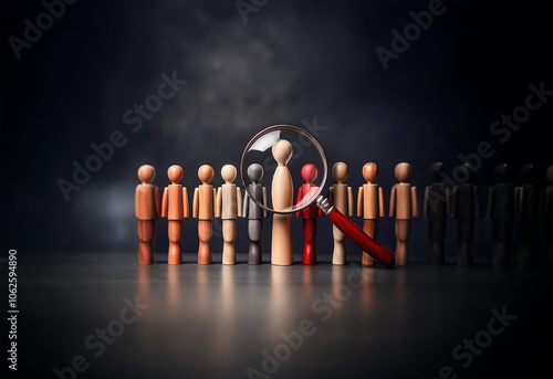 A magnifying glass focuses on a single red figure standing out amongst a line of wooden figures of various shades.