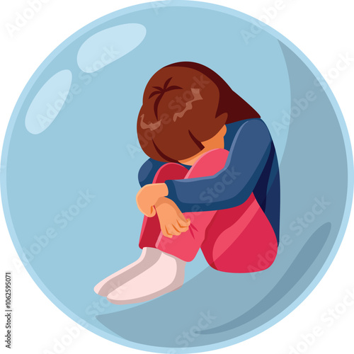 Sad Unhappy Girl Sitting in a Bubble Crying Vector Character. Extremely overprotective parenting leads to depression and social anxiety
