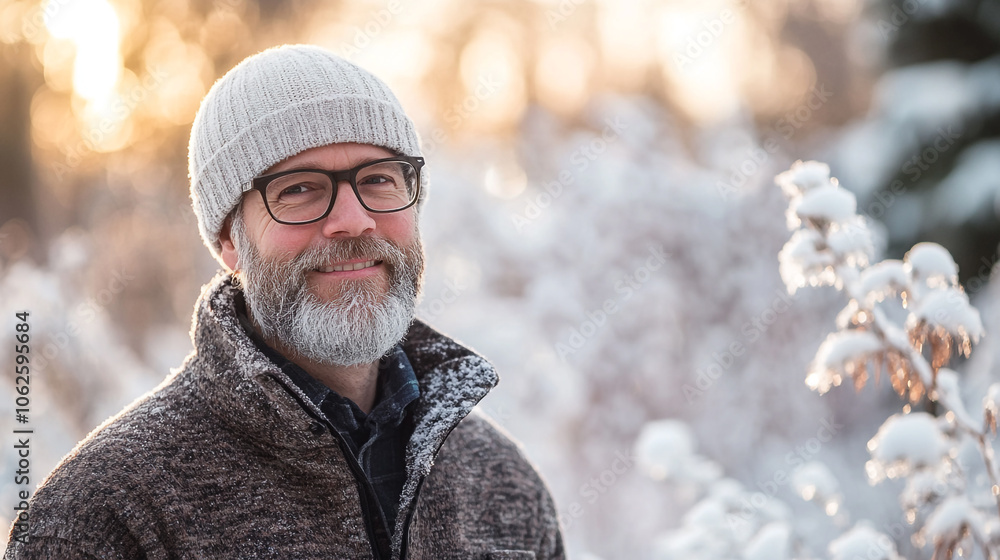 A smiling man with a beard in a winter landscape surrounded by snow-covered plants A smiling man with a beard in a winter landscape surrounded by snow-covered plants
