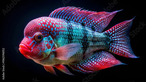 Candid Photography of Louhan Fish: Stunning Flowerhorn Cichlid Crossbreed Against a Black Background for Aquatic Enthusiasts and Fish Lovers photo