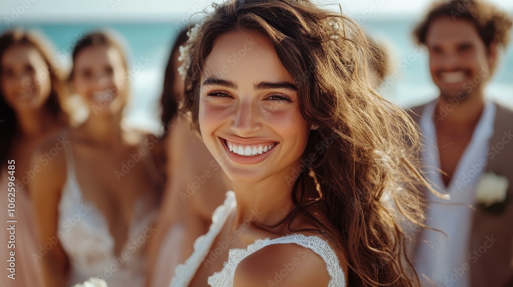 Obraz premium A radiant bride glows in her elegant gown, sharing joyful moments with family and friends by the beautiful ocean.