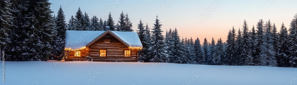A cozy cabin in the snow surrounded by tall trees, bathed in warm light at twilight, creating a serene winter atmosphere. A cozy cabin in the snow surrounded by tall trees, bathed in warm light at twilight, creating a serene winter atmosphere.