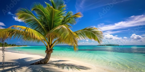 Fototapeta Naklejka Na Ścianę i Meble -  Captivating Caribbean Beach Landscape with Clear Blue Waters, Coconut Trees, and Cloudless Sky Perfect for Daydreaming in the Bahamas