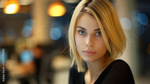 A stylish woman with long blonde hair focuses on her work at a sleek desktop computer in a modern office.