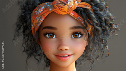 Cheerful cartoon girl with curly hair, radiating joy in a colorful 3D designperfect for youthful themes and stories. photo