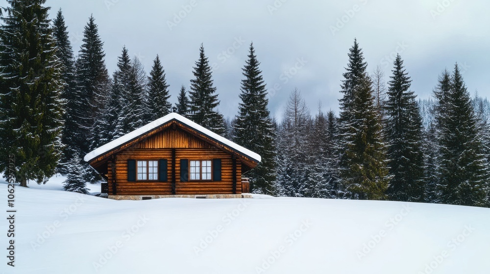 A cozy wooden cabin surrounded by tall evergreen trees in a serene winter landscape covered with fresh snow. A cozy wooden cabin surrounded by tall evergreen trees in a serene winter landscape covered with fresh snow.