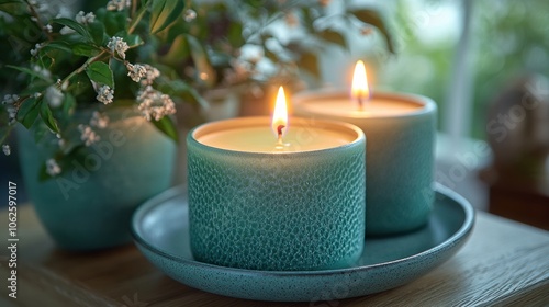 Two lit candles surrounded by greenery create a calming atmosphere.