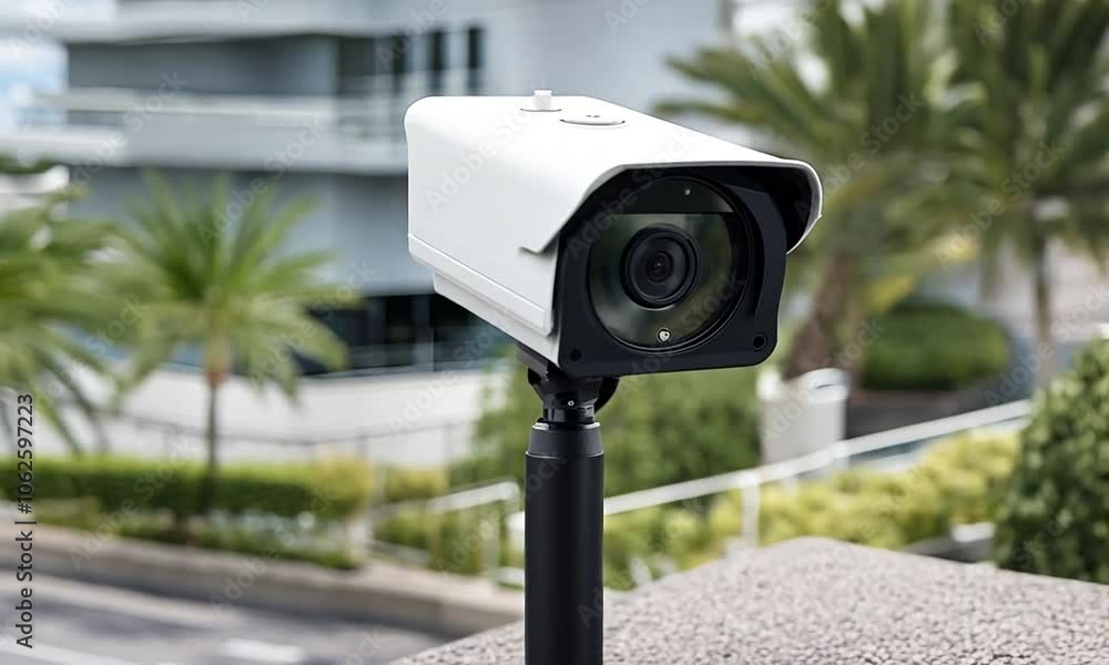A security camera mounted on a pole, overlooking a landscaped area with palm trees in the background. A security camera mounted on a pole, overlooking a landscaped area with palm trees in the background.