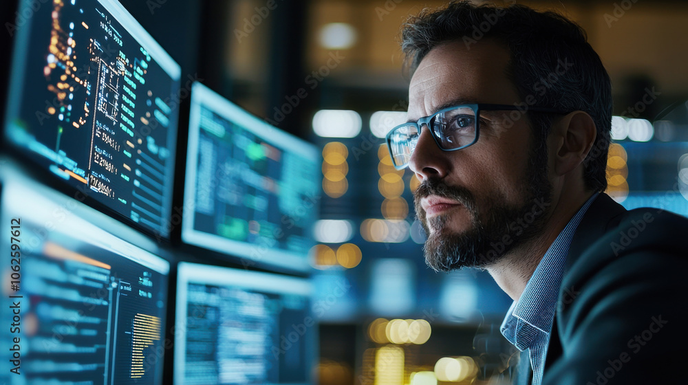 focused man analyzes data on multiple computer screens in modern office environment, showcasing intensity of his work in technology and data analysis focused man analyzes data on multiple computer screens in modern office environment, showcasing intensity of his work in technology and data analysis