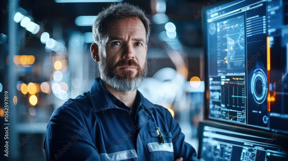wind turbine technician stands confidently in high tech environment, surrounded by advanced monitoring screens. His focused expression reflects importance of his work in renewable energy wind turbine technician stands confidently in high tech environment, surrounded by advanced monitoring screens. His focused expression reflects importance of his work in renewable energy