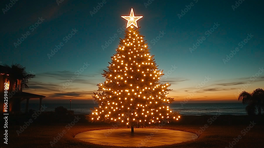 Christmas tree at night on the beach Christmas tree at night on the beach