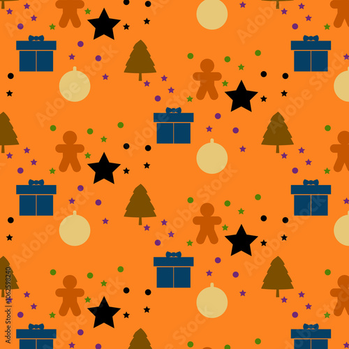 Abstract colorful seamless Christmas  tree, Christmas giftbox, stars pattern. Christmas ornaments background. design for present, winter, texture, wallpaper, fabric, wrapping, cover and textile print.