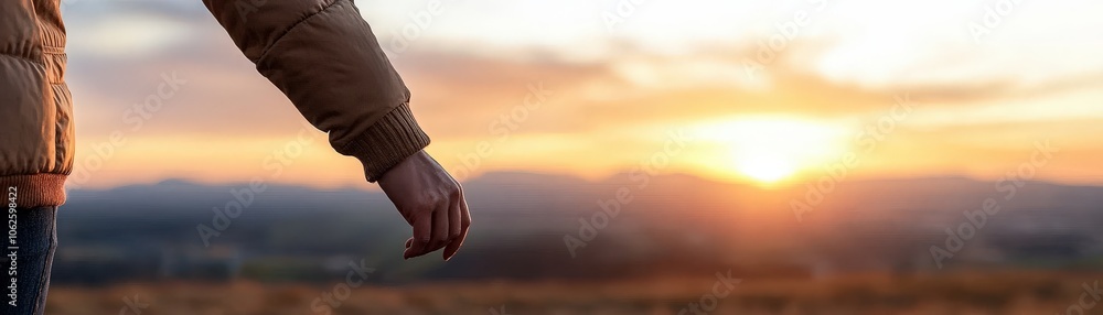 Fototapeta premium Hand Reaching Towards Golden Sunset Landscape