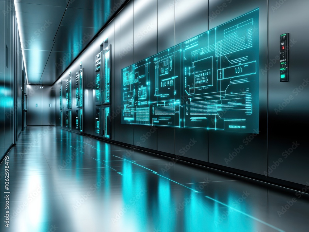 A futuristic hallway featuring sleek metallic walls and glowing digital displays, exemplifying advanced technology and innovation. A futuristic hallway featuring sleek metallic walls and glowing digital displays, exemplifying advanced technology and innovation.