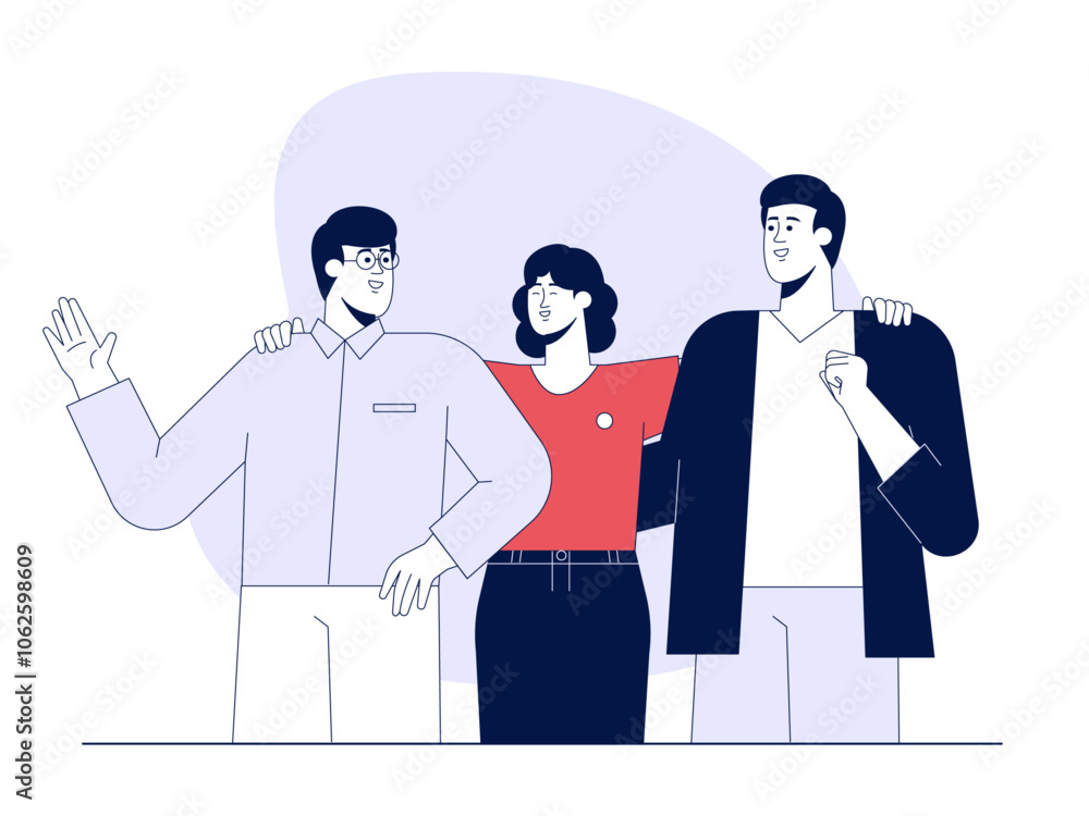 Three friends meet and greet each. other. Friendship illustration. Flat vector illustration Three friends meet and greet each. other. Friendship illustration. Flat vector illustration