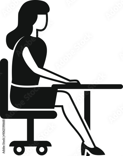 Businesswoman using computer at desk, side view icon representing office work and productivity