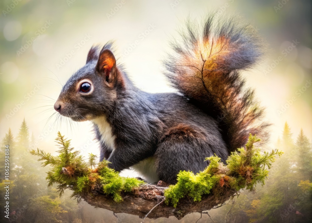 Obraz premium Closeup Double Exposure of a Tiny Black Squirrel with Furry Tail on Isolated Background, Nature Photography, Wildlife, Animal Portrait 